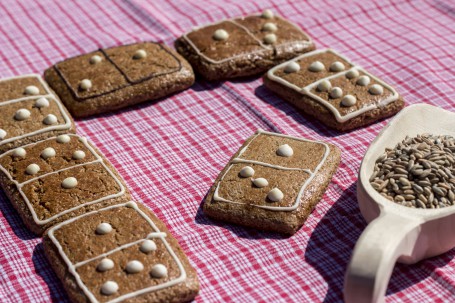 Waldstaudekorn-Weißmohn-Lebkuchen - Auf einem rot-weiß karriertem Tuch liegen sieben Stück des Lebkuchen. Die Kekse sind in Rechtecken ausgestochen und wie Dominosteine verziehrt und aneinander gereiht. Vorne rechts im Bild liegt eine Holz-Mehlschaufel mit Getreidekörnern darin. (Foto: Romana Schneider-Lenz - Nicht zur freien Verwendung)