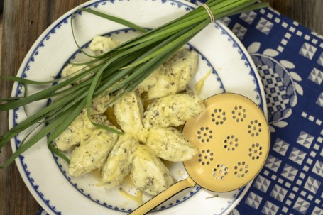 Kräutertopfennockerl - Auf einem weißen Teller mit blauem Muster sind einiger Kräuternockerl angerichtet. Sie haben die Größe von Grießnockerl und sind mit Käse bestreut. Neben den Nockerl liegt ein gelber Nockerlschöpfer. Über der Hälfte der Nockerl liegt ein Bund Schnittlauch. (Foto: Tobias Schneider-Lenz - Nicht zur freien Verwendung)