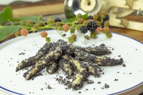 Mohnnudeln OÖ - Auf einem weißen runden Teller mit blauem Rand ist eine Portion Mohnnudeln angerichtet. (Foto: Tobias Schneider-Lenz - Nicht zur freien Verfügung)