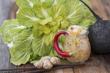 Würziges Kimchi - Es ist ein Glas gefüllt mit Kimchi - zerkleinerten und fermneitetem Chinakohl mit Karotten, Ingwer, Rettich und Gewürzen - zu sehen. An dem Glas ist seitlich dekorativ eine rote Chilischote am Glasrand eingehängt. Neben dem Glas ist eine schwarze Rettichknolle zu sehen. Links neben dem Glas liegt eine Ingwerknolle auf zwei Essstäbchen aus Holz. Im Hintergrund ist ein Chinakolh zu sehen. (Foto: Tobias Schneider-Lenz - Nicht zur freien Verwendung)