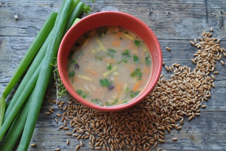 Dinkel-Gemüse-Schrot-Suppe - Zu sehen ist eine rote runde Suppenschüssel mit der hellbraunen Suppe darin. In der Suppe sind Gemüse und Kräuter zu erkennen. Links neben der Schüssel liegen einige grüne Schnittlauchhalme. Rechts und vor der Schüssel liegen Getreidekörner. (Foto: Romana Schneider-Lenz - Nicht zur freien Verwendung)