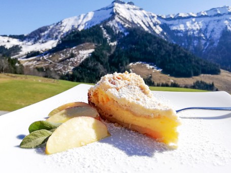 Topfen-Streusel-Kuchen - Auf einem weißen eckigen Teller befindet sich ein Tortenstück Topfenkuchen mit Staubzucker bestreut und Äpfeln garniert. (Foto: Claudia Wallmann - Nicht zur freien Verwendung)