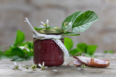 Brombeersenf - Ein kleines Marmeladeglas mit dunkelrotem Brombeersenf steht in der Mitte des Bildes. Ein weißes Band mit Verziehrung ist oben um das Gasl gebunden. Auf dem Glas und im weißen Band stecken Brombeerblüten und Blätter. Rechts neben dem Gals liegen zwei Zwiebelscheiben in der Schale. Vorne neben dem Glas liegen Brombeerblüten. (Foto: VrK/Achim Mandler Photography - Nicht zur freien Verwendung)