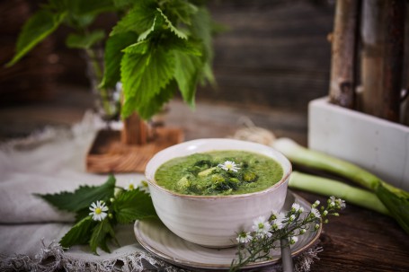 Brennnessel-Suppe - In einer weiß-braunen, kleinen Tonschüssel mit Untersatz befindet sich die Brennnessel-Erdäpfel-Suppe. In der grünen Suppe sind gekochte Erdäpfel-Stücke mit einer weißen Blüte zu erkennen. Rechts liegt auf dem Tonuntersatz ein Esslöffel. Dieser ist ebenfalls mit weißen Blüten versehen. Die Tongefäße stehen auf einem beigen Tischtuch. Im Hintergrund befinden sich links ein kleiner Holzständer und ein gläsernes Gefäß mit Brennnesseln. Rechts sind Jungzwiebel und ein Gefäß mit Holzdekoration zu sehen. (Foto: VrK/Franz Gleiß - Nicht zur freien Verwendung)