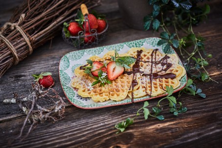 Waffeln - Die Waffeln sind auf einem weißen Teller mit grünem Muster platziert. Darauf befinden sich ebenfalls weiße Blüten, Erdbeeren und Schokosauce. Im Hintergrund sind ein Körbchen mit Erdbeeren, ein Bündel Holz und eine grüne Pflanze zu sehen. (Foto: VrK/Franz Gleiß - Nicht zur freien Verwendung)