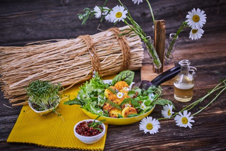 Gebackene Polentascheiben - Auf einem gelben Tischtuch sind auf einem Teller gebackene Polentascheiben angerichtet. Sie sind mit grünem Salat und Gänseblümchen geschmückt. Rechts nebenan steht ein kleiner Krug. Margeriten verzieren das Bild. (Foto: VrK/Franz Gleiß - Nicht zur freien Verwendung)